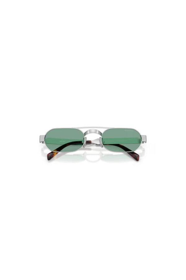 Miu Miu sunglasses with metal frame and green lenses, narrow rectangular shape with retro-inspired bridge detail.