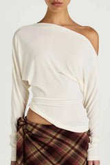 Enya Long Sleeve Top by Benni, off shoulder jersey top with twist hem, perfect for elevated day to night styling