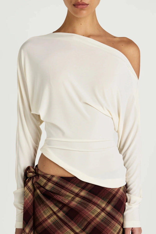 Enya Long Sleeve Top by Benni, off shoulder jersey top with twist hem, perfect for elevated day to night styling