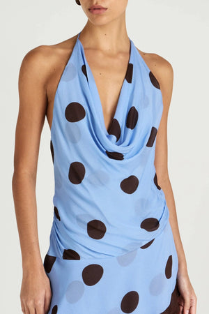 Harlow Halter Dress Blue Choc Polka by Benni, cowl neck maxi dress, perfect for events or summer evening styling