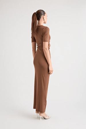 Florence Dress Chocolate by Pfeiffer – A chic fitted maxi with cut-out hardware accents in buttery soft fabric, perfect for stylish, ethical day-to-night looks.