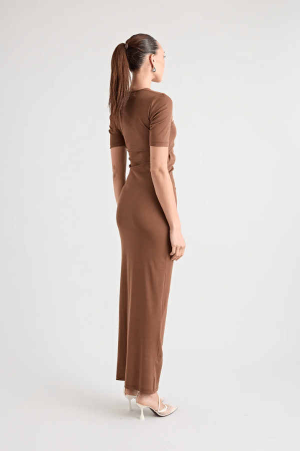 Florence Dress Chocolate by Pfeiffer – A chic fitted maxi with cut-out hardware accents in buttery soft fabric, perfect for stylish, ethical day-to-night looks.
