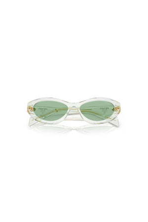 PR 26ZS Transparent Mint W/ Green by Prada, bold irregular acetate frames with green lenses and iconic logo, perfect for trendy, fashion-forward looks