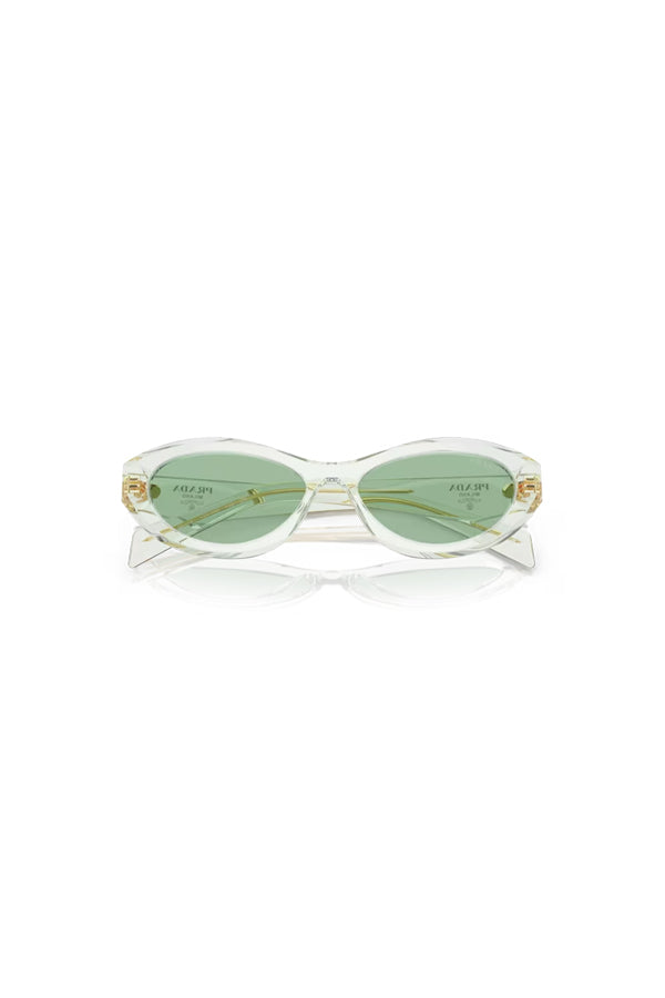 PR 26ZS Transparent Mint W/ Green by Prada, bold irregular acetate frames with green lenses and iconic logo, perfect for trendy, fashion-forward looks