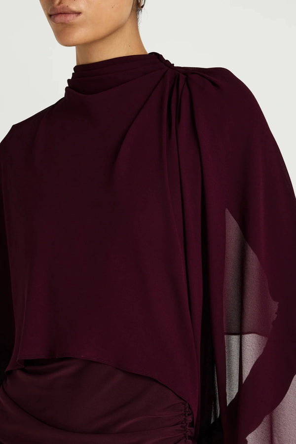 Silas Mini Dress by Benni, ruched jersey mini dress with chiffon cape, perfect for events or evening styling