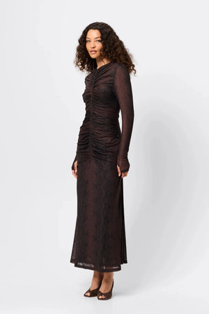 Siren Midi Dress Snake Print by Mossman, sheer mesh midi dress with long sleeves, perfect for statement evening styling