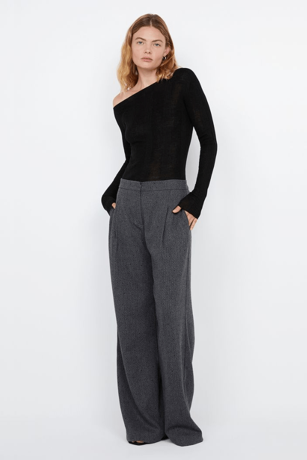 Shae Oversized Pant Charcoal by Bec + Bridge, wide-leg embroidered herringbone suiting with pleat detail, relaxed mid-low waist fit, perfect for work or casual chic.
