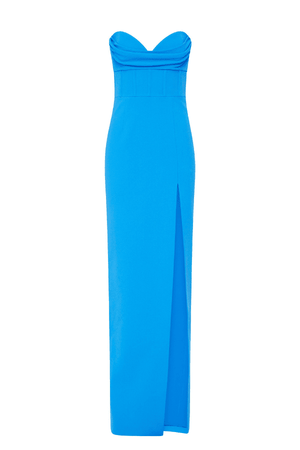 Skyla Gown Bright Blue by Rebecca Vallance – Viral strapless sweetheart gown with corseted waist and front slit, combining elegance and allure for standout formal occasions.