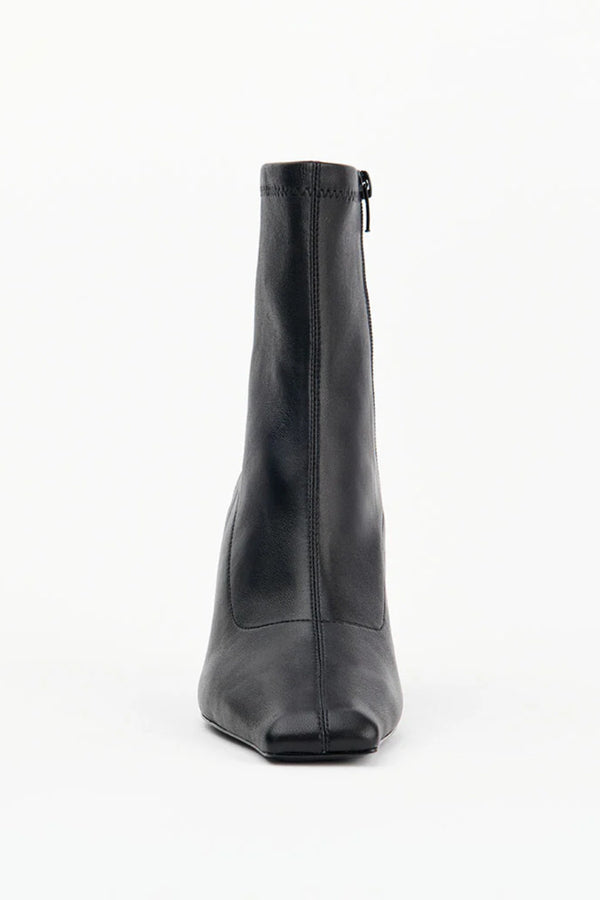 Amelia Black Stretch Leather by Alias Mae, sleek stretch leather boot with square toe, perfect for day to night styling