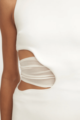 Valentina Dress Ivory by Tojhà – A sophisticated maxi in ultra-soft crepe with boat neckline, curved cut-out, and mesh detail, perfect for elegant evening occasions.