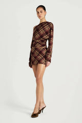 Hera Long Sleeve Top Plum Check by Benni, one shoulder tartan top, perfect for elevated day to night styling