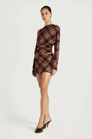 Hera Long Sleeve Top Plum Check by Benni, one shoulder tartan top, perfect for elevated day to night styling