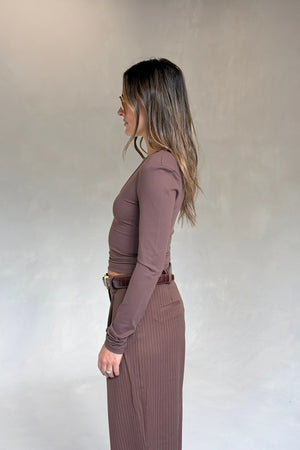 Aria V Neck Long Sleeve Chocolate by Sneaky Link, slimming stretch long sleeve top for elevated everyday wear