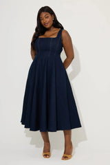 Cotton Mix Denim Square Neck Midi Dress Dark Blue by Odd Muse, fitted denim midi dress, perfect for chic day to night styling