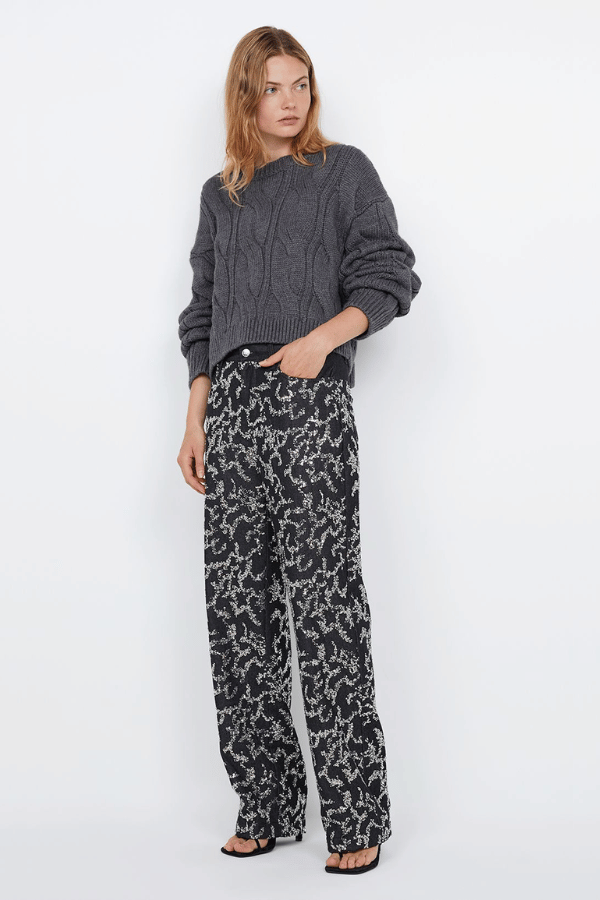 Kinsley Sequin Pant Charcoal Silver by Bec + Bridge, dazzling sequin denim with mid-waist fit, straight leg, and rolled hem, perfect for viral party looks.