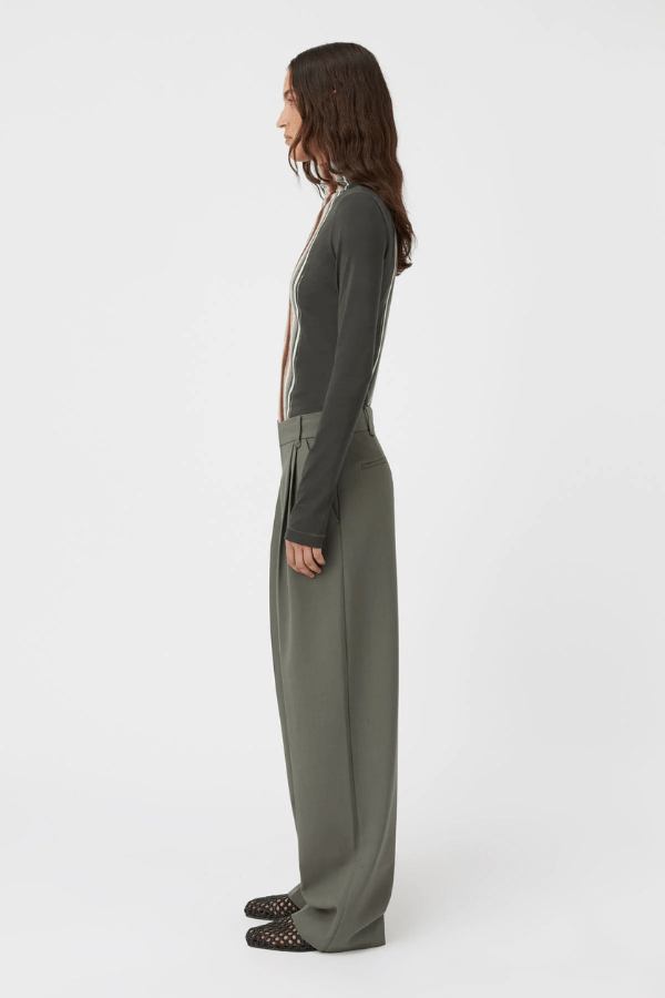 Annick Pant Sacramento Green by Camilla and Marc, double-pleated with a mid-low waist and pressed creases, perfect for modern tailoring or chic office dressing.