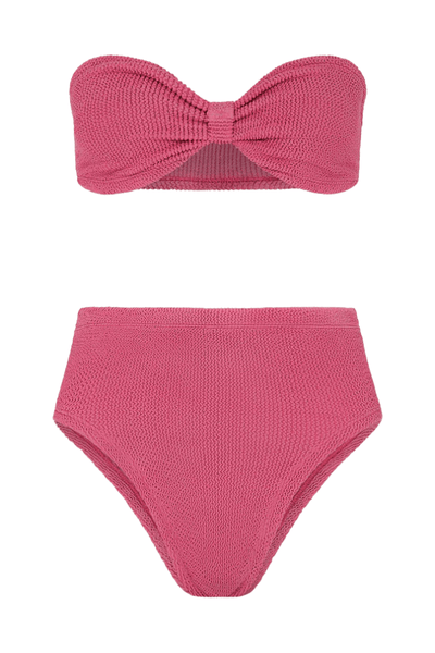 Ruby Bikini Candy Pink by Hunza G, crinkle bikini with bandeau top and high waist fit. Perfect for beach days or playful swim looks.