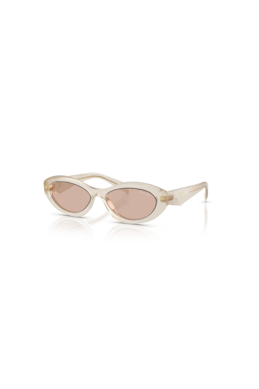 PR 26ZS Opal Milk by Prada, unique irregular opal milk acetate frames with light brown lenses, perfect for trendy, fashion-forward everyday wear.