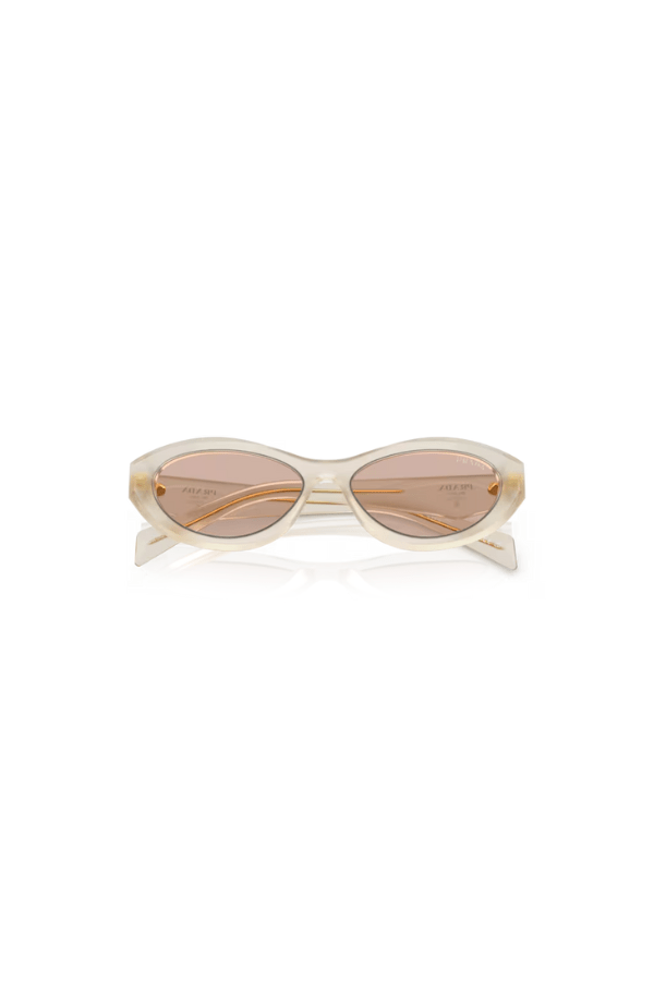 PR 26ZS Opal Milk by Prada, unique irregular opal milk acetate frames with light brown lenses, perfect for trendy, fashion-forward everyday wear.