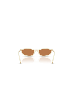 MU A06S Milk by Miu Miu, sleek rectangular milk-colored acetate frames with brown lenses and signature metal logo hinges, perfect for chic, everyday wear.