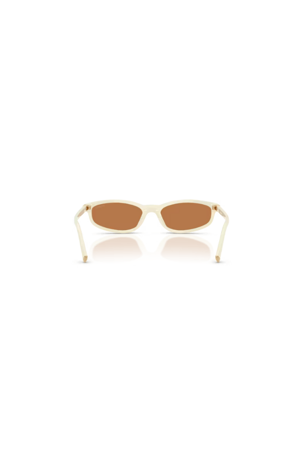 MU A06S Milk by Miu Miu, sleek rectangular milk-colored acetate frames with brown lenses and signature metal logo hinges, perfect for chic, everyday wear.