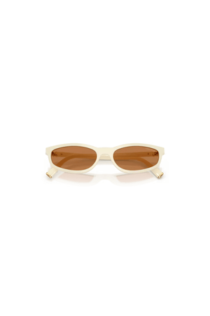 MU A06S Milk by Miu Miu, sleek rectangular milk-colored acetate frames with brown lenses and signature metal logo hinges, perfect for chic, everyday wear.