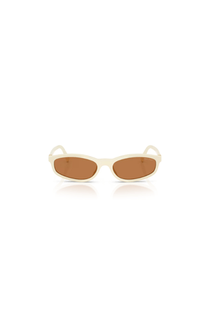 MU A06S Milk by Miu Miu, sleek rectangular milk-colored acetate frames with brown lenses and signature metal logo hinges, perfect for chic, everyday wear.