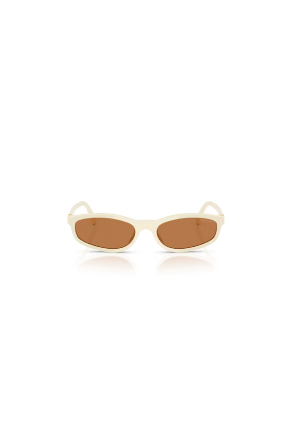 MU A06S Milk by Miu Miu, sleek rectangular milk-colored acetate frames with brown lenses and signature metal logo hinges, perfect for chic, everyday wear.