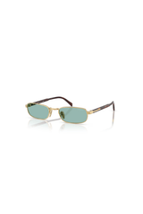 PR B54S Gold by Prada, narrow rectangular metal frames with petrol green lenses and sleek acetate temples, perfect for stylish, modern elegance.