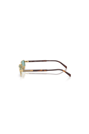 PR B54S Gold by Prada, narrow rectangular metal frames with petrol green lenses and sleek acetate temples, perfect for stylish, modern elegance.