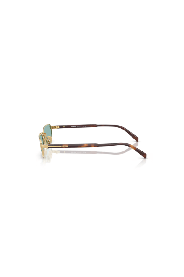PR B54S Gold by Prada, narrow rectangular metal frames with petrol green lenses and sleek acetate temples, perfect for stylish, modern elegance.
