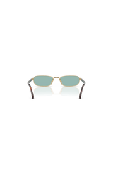 PR B54S Gold by Prada, narrow rectangular metal frames with petrol green lenses and sleek acetate temples, perfect for stylish, modern elegance.