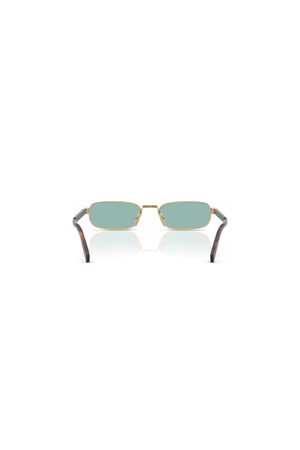 PR B54S Gold by Prada, narrow rectangular metal frames with petrol green lenses and sleek acetate temples, perfect for stylish, modern elegance.