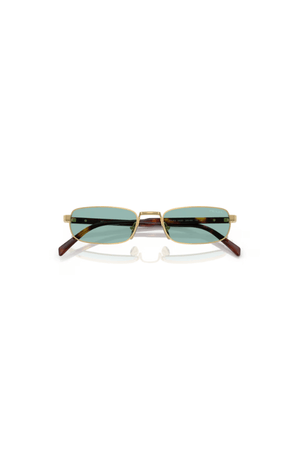 PR B54S Gold by Prada, narrow rectangular metal frames with petrol green lenses and sleek acetate temples, perfect for stylish, modern elegance.