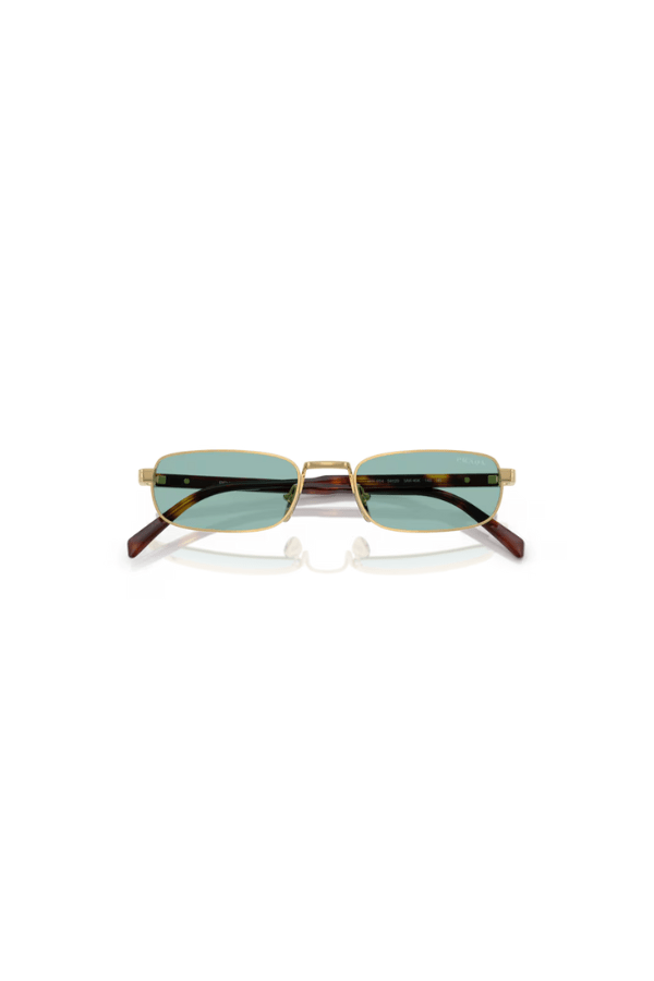 PR B54S Gold by Prada, narrow rectangular metal frames with petrol green lenses and sleek acetate temples, perfect for stylish, modern elegance.