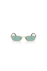 PR B54S Gold by Prada, narrow rectangular metal frames with petrol green lenses and sleek acetate temples, perfect for stylish, modern elegance.