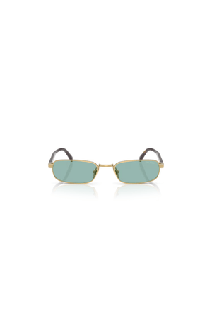 PR B54S Gold by Prada, narrow rectangular metal frames with petrol green lenses and sleek acetate temples, perfect for stylish, modern elegance.