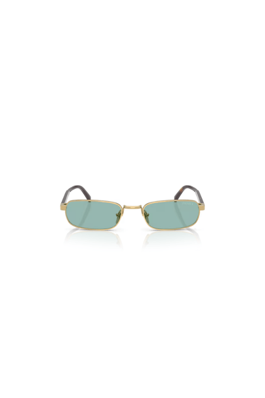 PR B54S Gold by Prada, narrow rectangular metal frames with petrol green lenses and sleek acetate temples, perfect for stylish, modern elegance.