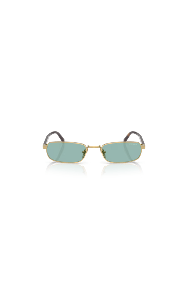 PR B54S Gold by Prada, narrow rectangular metal frames with petrol green lenses and sleek acetate temples, perfect for stylish, modern elegance.