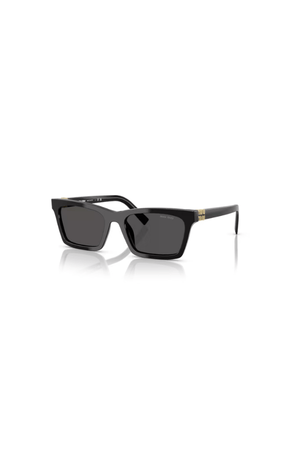 MU A05SF Black by Miu Miu, bold rectangular black acetate frames with dark grey lenses and iconic vertical logo hinges, perfect for trendy, standout eyewear looks.