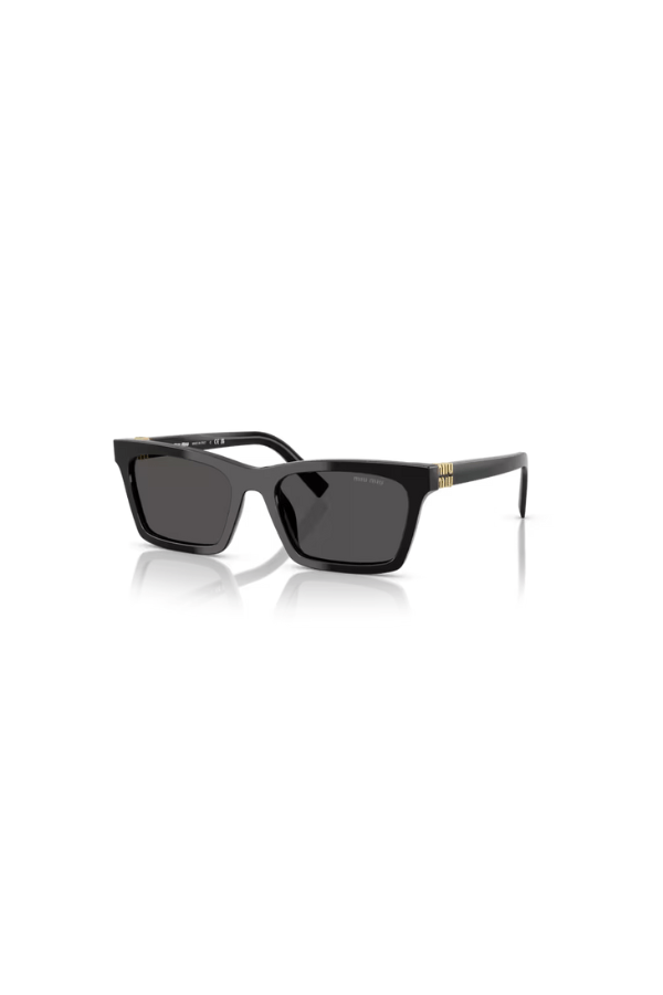 MU A05SF Black by Miu Miu, bold rectangular black acetate frames with dark grey lenses and iconic vertical logo hinges, perfect for trendy, standout eyewear looks.