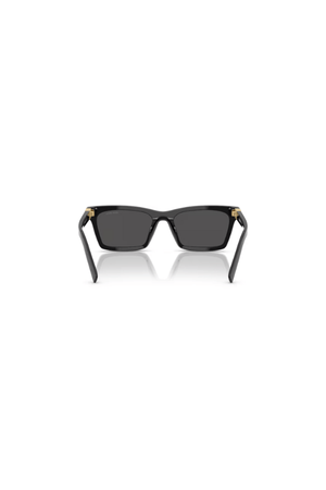 MU A05SF Black by Miu Miu, bold rectangular black acetate frames with dark grey lenses and iconic vertical logo hinges, perfect for trendy, standout eyewear looks.