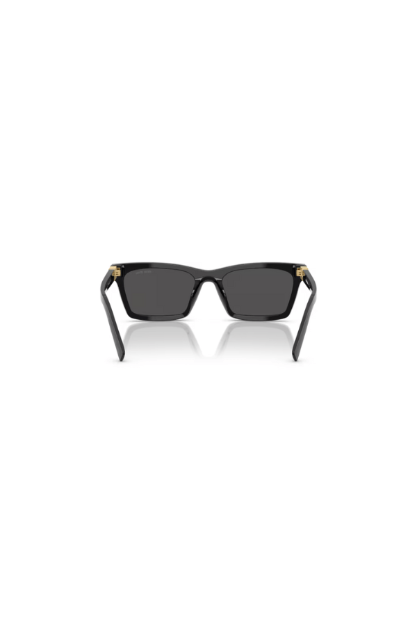 MU A05SF Black by Miu Miu, bold rectangular black acetate frames with dark grey lenses and iconic vertical logo hinges, perfect for trendy, standout eyewear looks.