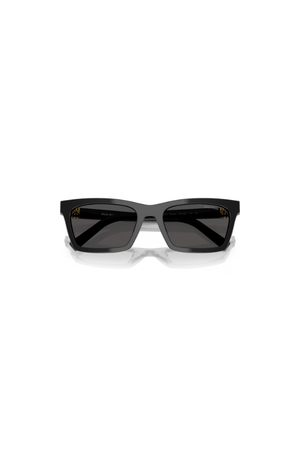 MU A05SF Black by Miu Miu, bold rectangular black acetate frames with dark grey lenses and iconic vertical logo hinges, perfect for trendy, standout eyewear looks.