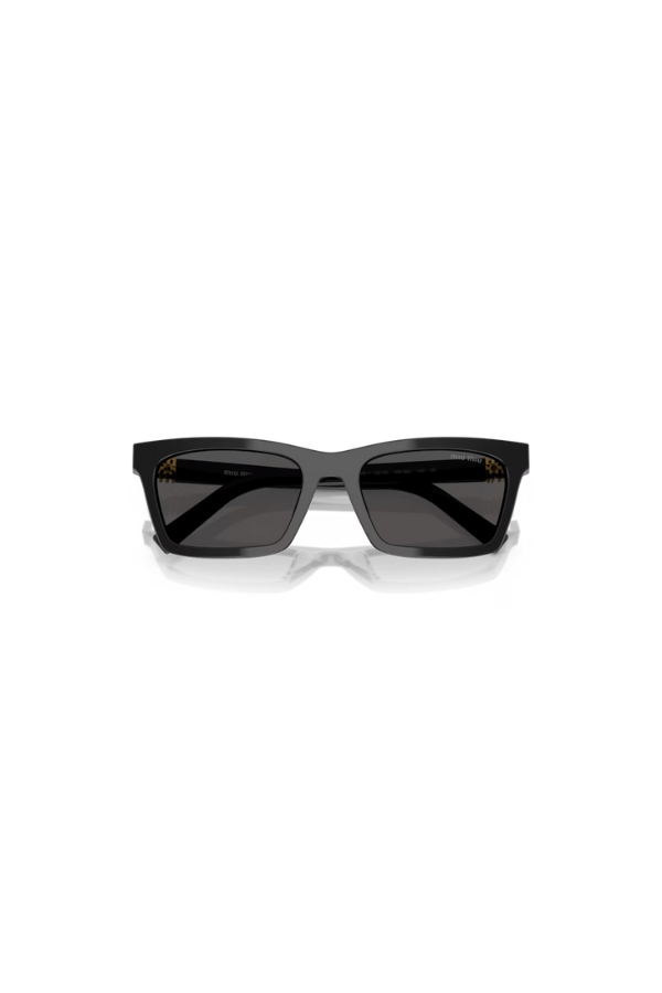 MU A05SF Black by Miu Miu, bold rectangular black acetate frames with dark grey lenses and iconic vertical logo hinges, perfect for trendy, standout eyewear looks.