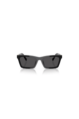 MU A05SF Black by Miu Miu, bold rectangular black acetate frames with dark grey lenses and iconic vertical logo hinges, perfect for trendy, standout eyewear looks.