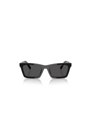 MU A05SF Black by Miu Miu, bold rectangular black acetate frames with dark grey lenses and iconic vertical logo hinges, perfect for trendy, standout eyewear looks.