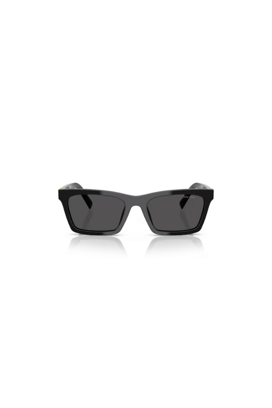 MU A05SF Black by Miu Miu, bold rectangular black acetate frames with dark grey lenses and iconic vertical logo hinges, perfect for trendy, standout eyewear looks.