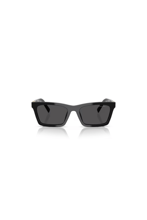 MU A05SF Black by Miu Miu, bold rectangular black acetate frames with dark grey lenses and iconic vertical logo hinges, perfect for trendy, standout eyewear looks.