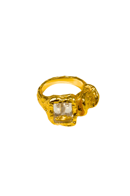 Dahlia Ring by Amber Sceats, handcrafted in Italy with 24K gold plating and sparkling cubic zirconia, a timeless and elegant piece for any occasion.